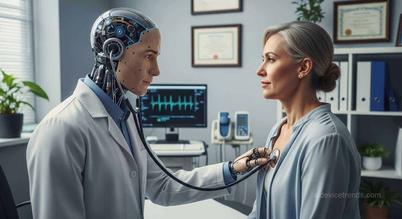 A medical robot attends to a female patient A medical robot attends to a female patient