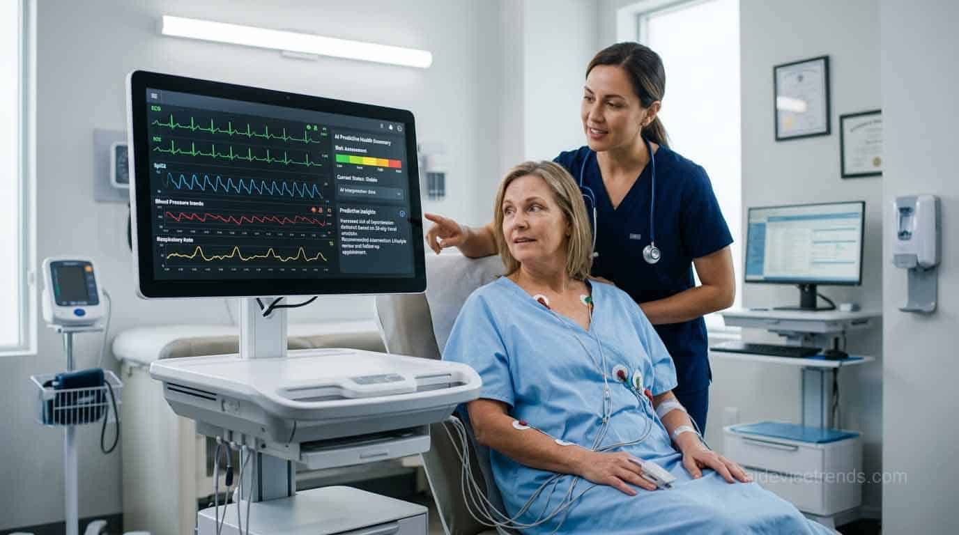 A screen displays a woman's vital signs in a doctor's office