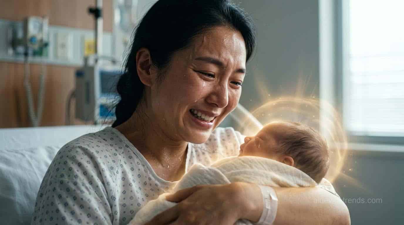 A woman holds her newborn baby in her arms A woman holds her newborn baby in her arms