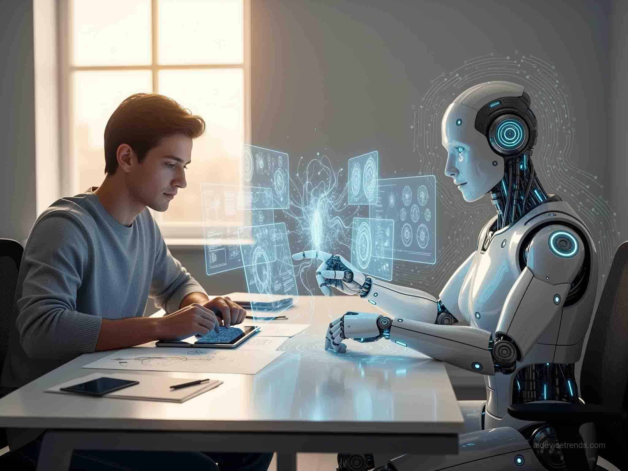 AI robot and a young man AI robot and a young man working together in harmony