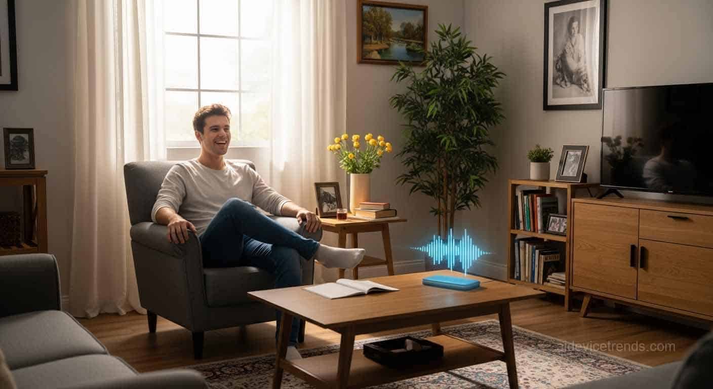 Happy man in his living room