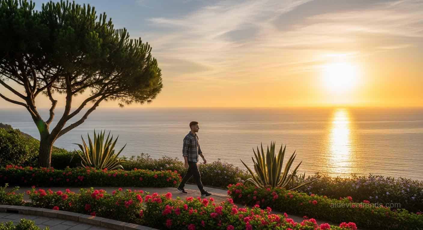 Man walks in a park at sunset Man walks in a park at sunset