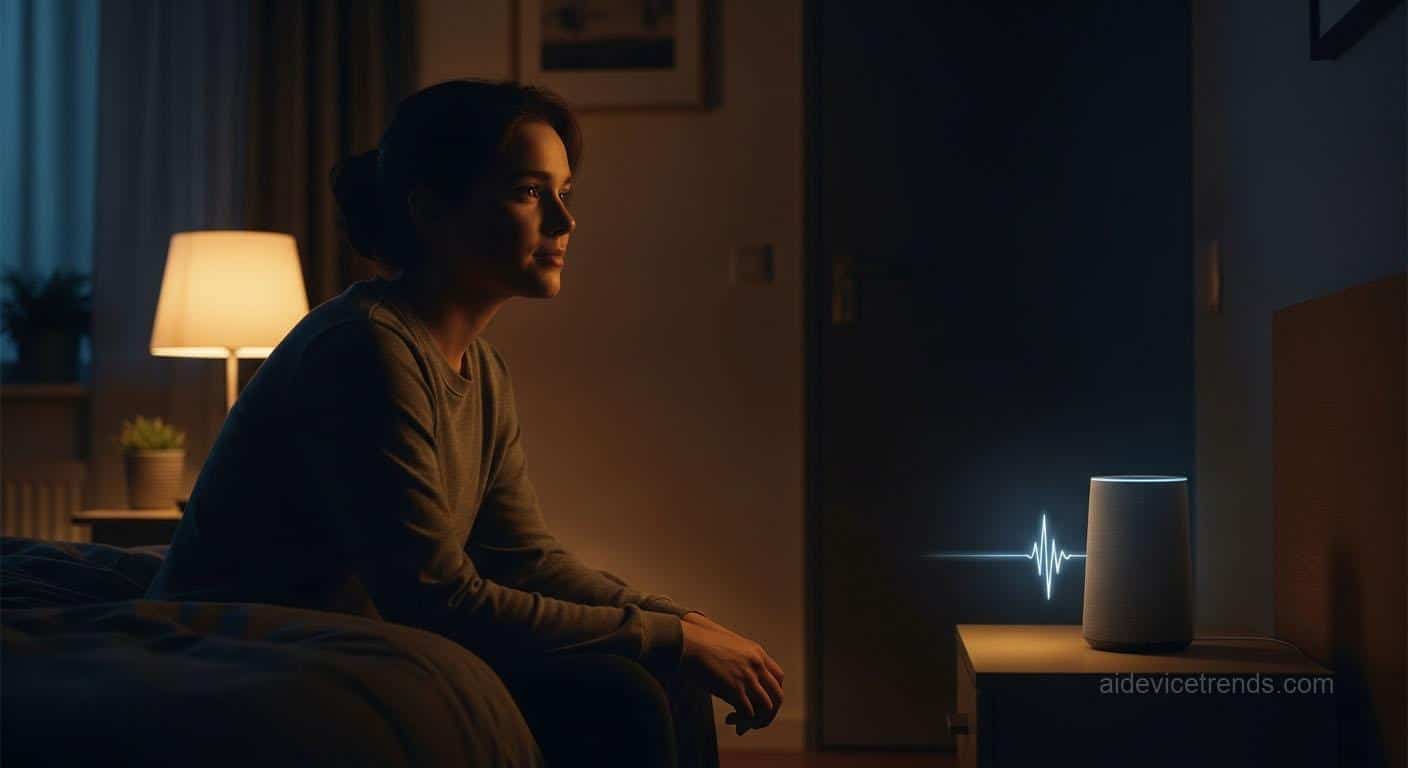 Woman speaks to AI through a speakerphone Woman speaks to AI through a speakerphone