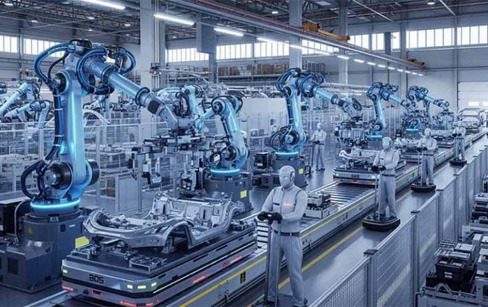 humanoid robots work in a car factory