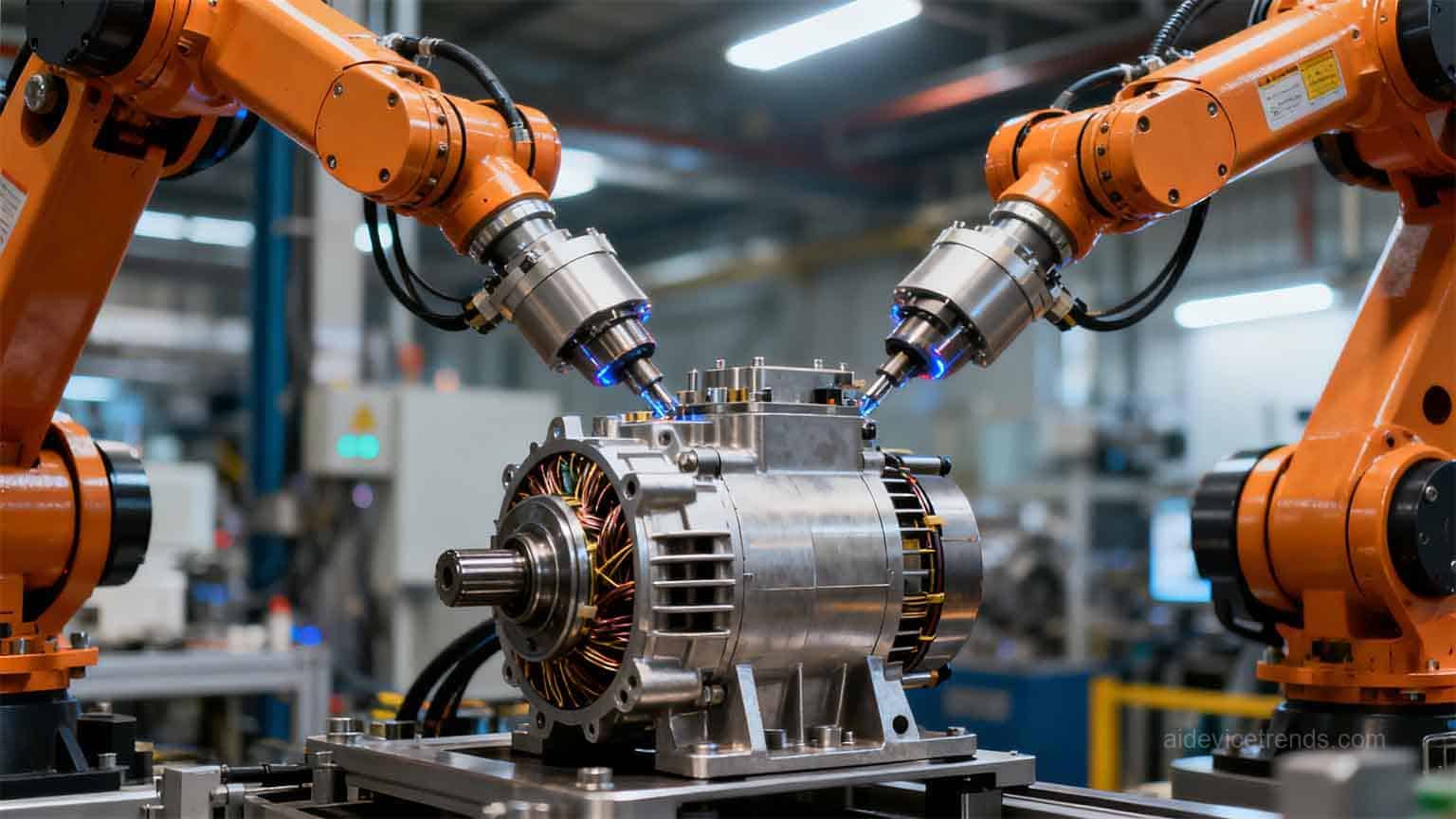 robotic arms assembling an engine