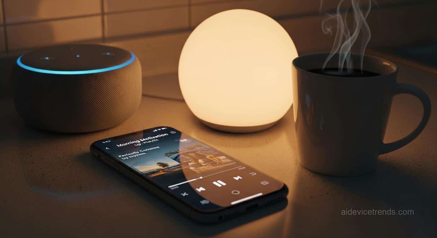 speaker and smartphone with cup coffee