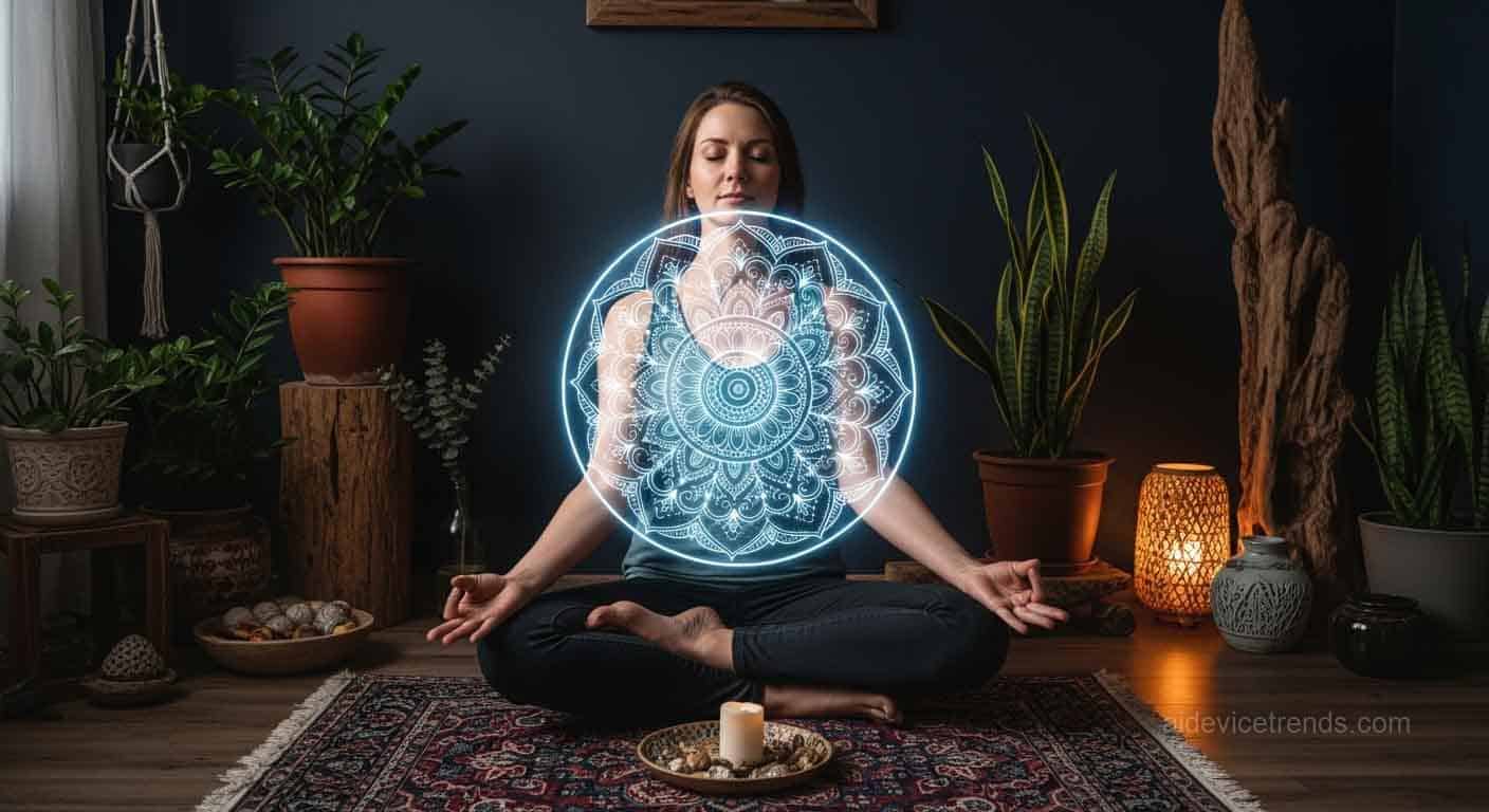 woman meditating on a mandala